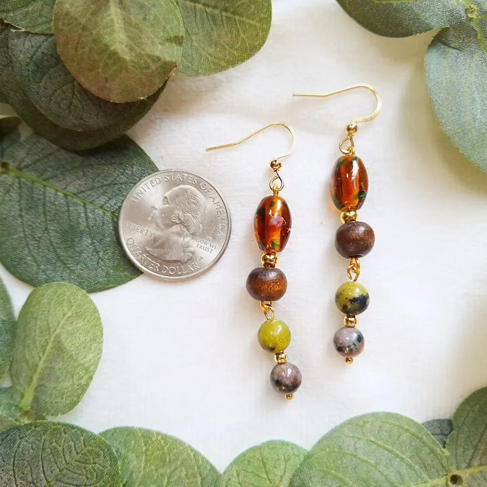 Green Serpentine, Lampwork Glass, & Wood Beaded Dangle Earrings